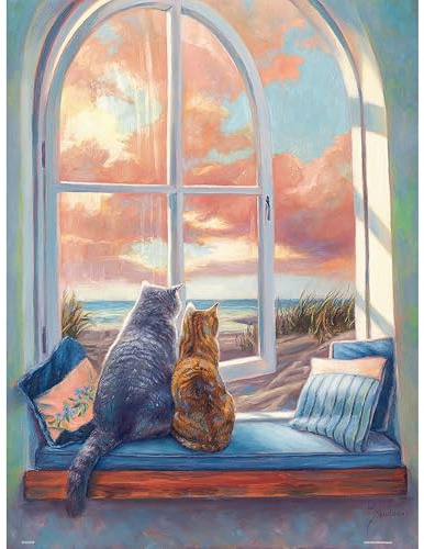 PieceRelax PieceClicks Plastic Jigsaw Puzzles for Adults 1000 Pieces Scenic Landscape Puzzle Lucie Bilodeau - Enjoying the View - 25.2 x 18.9 Inches, Cat Puzzle [U1055]