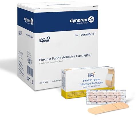 Dynarex Sterile Adhesive Fabric Bandages – 1 x 3 Flexible Wound Dressing for Minor Cuts, Breathable Material, Secure Fit with Non-Stick Pad, Case of 100 Boxes, 16 per Box