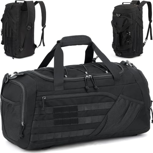 TONRUYN Borsone Palestra Tattica per uomo Donna 45L Borsa Sportiva Impermeabile con Porta Scarpe e Tasca Umida Zaino da Viaggio per Militare Fitness Sport Campeggio, Nero