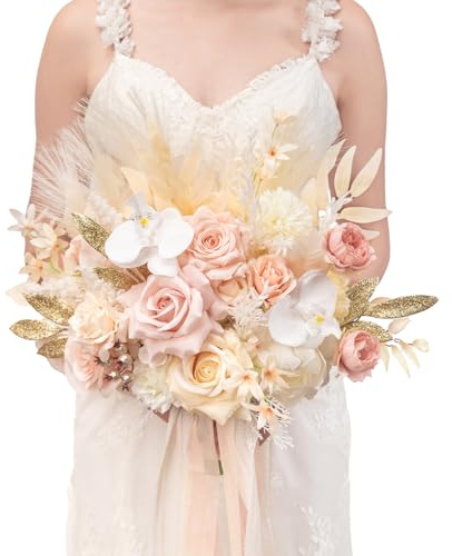 TINGE TIME 13 Inch Artificial Flower Wedding Bouquets for Bride, Cascading Bridal Bouquet for Wedding Bouquet for Wedding Ceremony and Anniversary(Champagne&Pink)