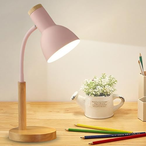 Leikurvo Schreibtischlampe Kinder, Tischlampe LED Leselampe E27 Socket Verstellbar Arm, Metall & Holz Nachttischlampe Nordischer Stil Desk Lamp für Schlafzimmer, Wohnzimmer, Arbeitszimmer(rosa)