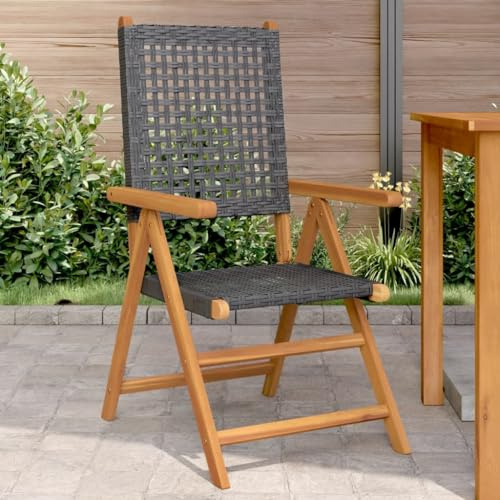 Lot de 2 Chaises de Jardin, en Bois d'Acacia Massif et Polyrotin, Fonction Inclinable et Pliable, Design Moderne, Confortable et Résistant, Fauteuil Jardin Exterieur, Chaise Salon,Noir, 57x70x109 cm