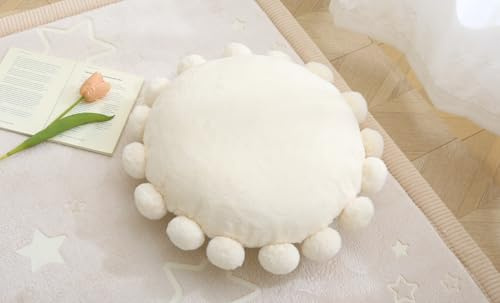 Volple Round Pom Pom Floor Cushion–Soft Faux Rabbit Fur Floor Pillow for Adults & Kids,16 Plush Decorative Cushion Boho Throw Pillows for Living Room,Bedroom, or Bay Window–Ivory