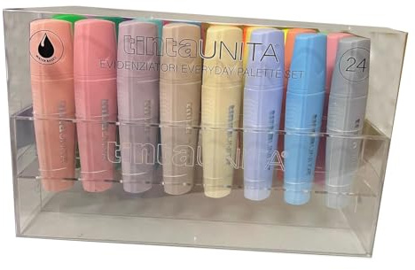 Tinta Unita Textmarker-Set, 24 Neon- und Pastellfarben, transparente Acrylbasis mit doppelter Halterung, Abmessungen 18 x 14 x 12 cm