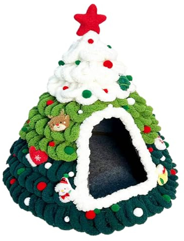Cama Cueva Gatos Tejido Suave Diseño De Árbol Refugio | Cama Casa Para Gatos Cálida Temática De Navidad para Gatitos y Mascotas Pequeñas, en Interior y Exterior, Hogar, Invierno,