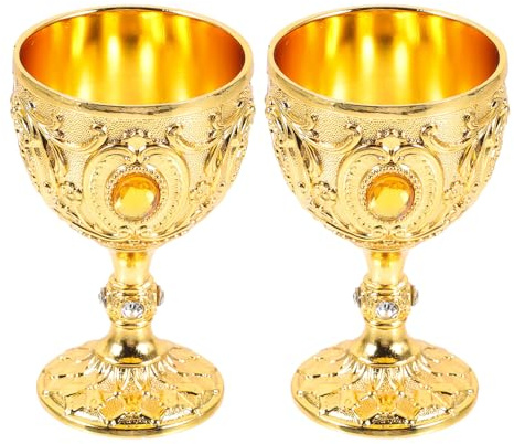 PAMINGONO Lot de 2 Calices Vintage en Métal Doré Verres à Pied Rétro Ornés de Gravures Coupes à Vin Médiévales pour Décorations de Table Fêtes Médiévales et Dégustation