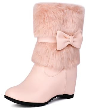 Bottines Compensées Pour Femmes, Bottines D'hiver Chaudes En Cuir PU Avec Col En Fourrure Et Nœud Chaussures Tendance Grandes Tailles Pour Quotidien Et Les Activités Plein Air,Rose,40 EU