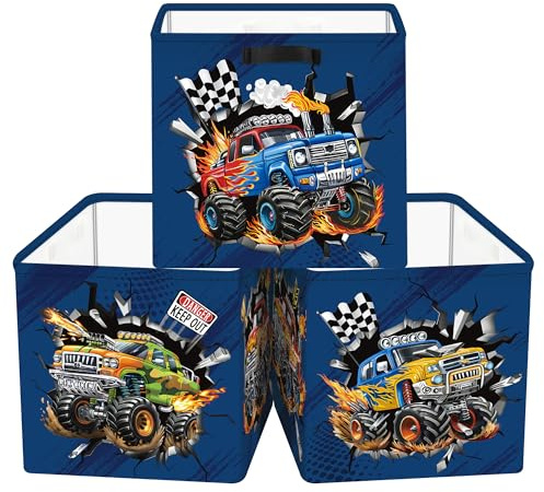 Clastyle Set di 3 Cubi Portaoggetti Ripiegabili Auto Kallax Contenitori Pieghevole per Scaffale Scatole Portaoggetti Genitore per Libro Giochi, Veicolo fuoristrada, 30x30x30 cm