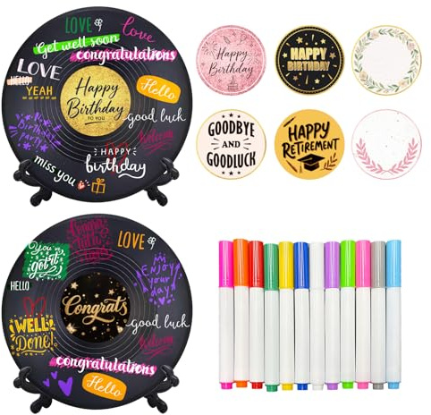 TWINKLEMON 2 Pcs Vinyl Record Decor Guest Book for Party, Retro Records Sign in Board with Holder, 8 Stickers & 12 Pens, Guest Book Alternative for Happy Birthday Graduation Wedding Farewell DIY Decor