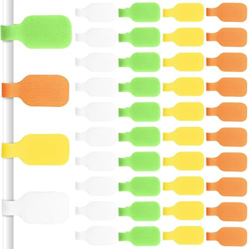 XBFOCNH 40 Etiquetas para Cables Reutilizables, Identificadores de Cables en 4 Colores (Blanco, Verde, Amarillo, Naranja) para Organizar Cables Eléctricos, Oficina y Hogar, Rotulables y Duraderas