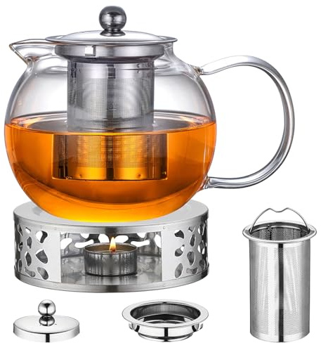 Tetera de cristal con calientaplatos, 1300 ml, tetera de cristal de borosilicato con colador de acero inoxidable y tapa extraíble, incluye horno para velas de té, para todos los tipos de té (té de