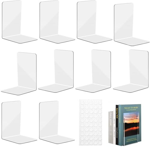 Serre Livre en Acrylique avec Autocollants Antidérapants,10pcs,10x10x13cm | Serre Livre Transparent 3mm Épaisseur,Étagère Transparente,Porte Livres en Forme de L pour Chambre École Bibliothèque