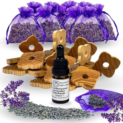 Lavendel Duftsäckchen Kleiderschrank, Mottenschutz Set 10 Lavendelsäckchen 16 Holzanhänger mit Lavendel Patchouli Zedernöl Natürlicher Schutz vor Kleidermotten für Schrank und Garderobe (17)