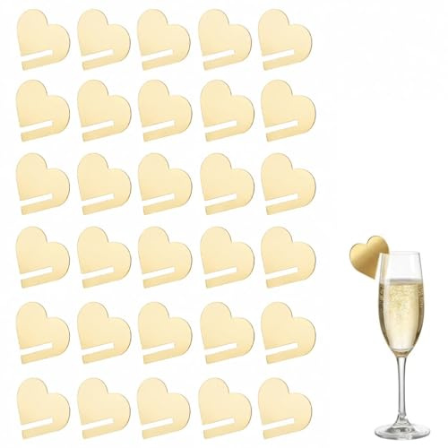 Toyvian 30Pcs Heart Acrylic Drink Markers Gold Decorative Tags for Weddings Birthday Parties Reusable Glass Wine Charms with DIY Rim Labels for Martini Cocktail Use