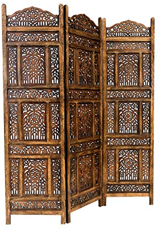 Orientalischer Paravent Raumteiler aus Holz Abhinava 150 x 180cm hoch in Braun | Indischer Trennwand als Raumtrenner oder Dekoration im Zimmer oder Sichtschutz im Garten, Terrasse oder Balkon