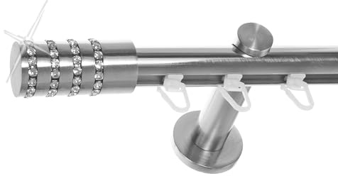BASIT Gardinenstange Innenlauf Edelstahllook 20mm 1-läufig Wand 160cm H30 | Gardinenstangenset einläufig Wandmontage Metall Vorhangstange Wandhalterung 120-600cm wählbar Kappe Zylinder mit Kristall E39
