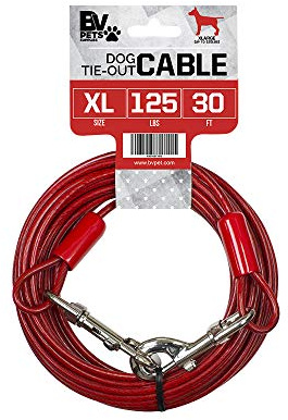BV Dog Tie Out Cable 30 Feet - Heavy Duty Dog Lead Up to 125 Pounds - Reflective & Rust-Free with Quick Release Swivel Clips & 360° Rotating Clasp - Tangle-Free Dogs Runner for Yard (Red, Single)
