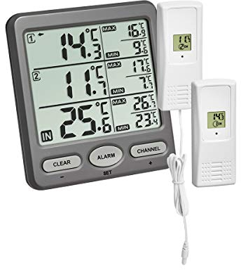 TFA Dostmann Funk-Thermometer Trio – Basisstation + 2 Sender (inkl. wasserdichtem Kabelsensor), 30.3062.10, 100 m Reichweite, Temperaturalarm & Min/Max – für Kühlschrank, Aquarium, Pool, grau