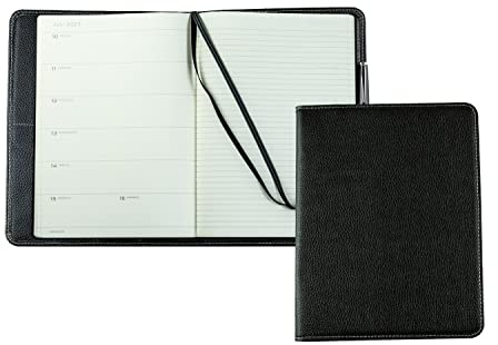 DELMON VARONE - Personalisierbares Kalenderbuch 2027 DIN B5 Soft Grain Leder schwarz - Organizer Terminkalender mit Wochenübersicht (1 Woche 1 Seite) - Notizbuch Planer Stiftschlaufe & Merkband