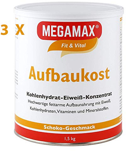 Megamax Aufbaukost Schoko Spar-Set 3x1,5 kg zur Kräftigung und bei Untergewicht- Trinknahrung hochkalorisch für Gewichtszunahme Muskelmasse u. Muskelaufbau