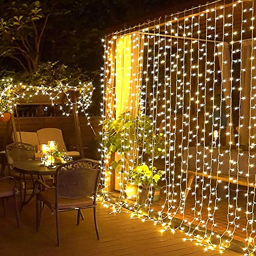 Elegear 6M x 3M Cortina Luces Exterior con Enchufe, Guirnaldas Luz Prolongable, 8 Modos Luz de Cascada para Navidad Natal Boda Fiestas Casa Jardín Patio Balcón Bar, 600 LED, Blanco Cálido