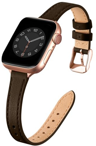 SUNFWR Leather Strap for Apple Watch 42mm(Series 11/10)41mm 40mm 38mm Women | Slim&Thin Genuine Leather iWatch Replacement Elegant Band fits iWatch Series 11 10 9 8 7 6 5 4 3 2 1 SE(Coffee&Rosegold)