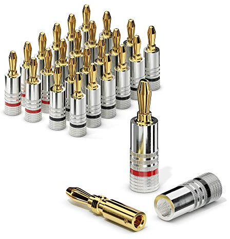 Sonero Bananenstecker 24er-Set, vergoldet, für Lautsprecherkabel/Boxenkabel | Für Kabelquerschnitte von 0,75–6mm², Doppelverschraubung, gefederte Lamellen, rot/schwarz, für HiFi-Verstärker & Receiver