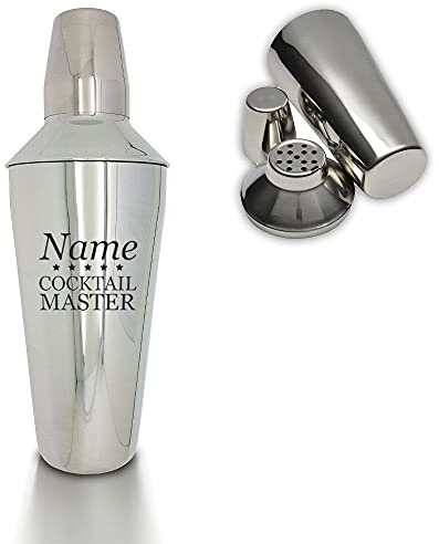 Personalised Engraved Cocktail Shaker with Cocktail Master Design, Personalise with Any Name