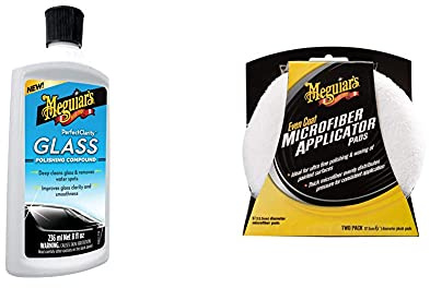 Meguiar's G8408EU Perfect Clarity Glass Polishing Compound 235ml a heavy duty glass cleaning compound & X3080EU Even Coat 5 Inch Microfibre Applicator Pads (2 Pack) for Hand Applying Compounds