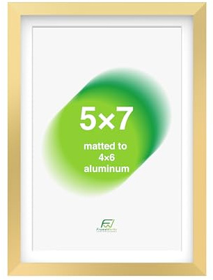 FrameWorks 5x7 Matted to 4x6 Picture Frame – Aluminum Frame w/Tempered Glass, Removable Mat for Photos, Posters, Art, Stylish Wall Frame for Home Decor, Gallery Walls, Office, Living Room - Gold