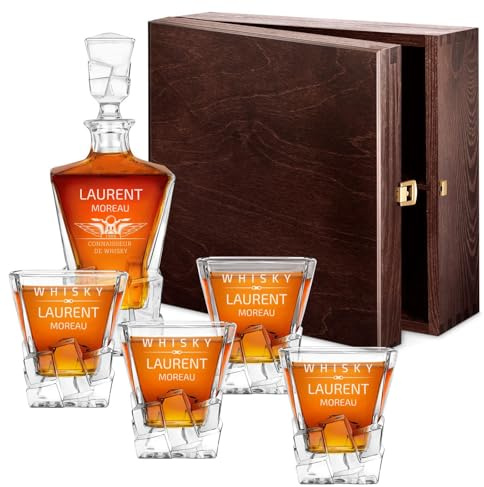 Maverton Carafe et 4/6 verres gravés, Ensemble personnalisé | Cadeau Anniversaire Homme, Set élégant lui Carafe whisky 950ml au design unique, Verre a whisky, Cadeau Homme connaisseur