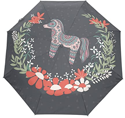 Tier Pferd Regenschirm Automatik Auf-Zu Taschenschirm Umbrella Kompakt Schirme für Jungen Mädchen Strand Frauen