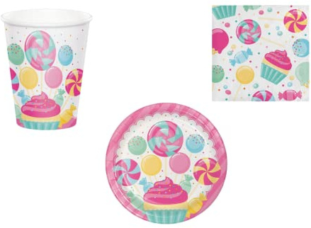 CUSTOM PRINT SHOPPING Bonbons de bonbons assortis de table de fête à thème, bonbons pour 8 enfants (8 assiettes, 8 verres, 16 serviettes)
