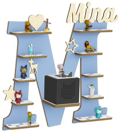 Holzura Tonie Regal für Toniebox, Toniebox Regal personalisiert mit Name und Holzsymbolen, Tonie Aufbewahrung (Buchstabe M)