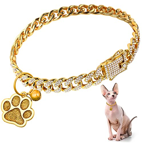 Hillban Katzenhalsband, Diamantkette, Glitzer-Halsband, Metall mit sicherer Schnalle, Katzen-Haustier-Halskette mit Pfoten-Anhänger und ID-Tag, Glöckchenglied, kubanisches Schmuckzubehör (25,4 cm