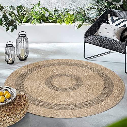 HomebyHome Runder In & Outdoor Teppich Natur 200 cm Wetterfest Sisal Optik Waschbar Wasserfest Flachgewebe Vintage für Balkon Terrasse Wohnzimmer