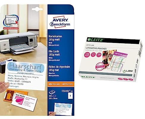 AVERY Zweckform C32254-25 Karteikarten (25 Blatt) zum Selbstbedrucken auf allen Druckern & Leitz Heißlaminierfolien A7 125 mic, Hochwertige Laminierfolien im 100er Pack, mit abgerundeten Ecken