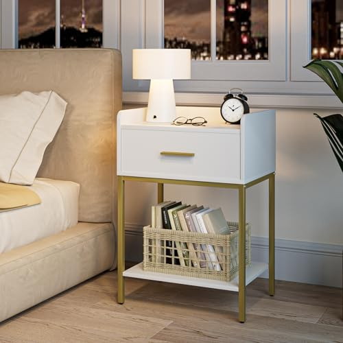 HEYZOEY Nachttisch weiß, 3-Tier Nachttisch modern Kleiner Nachtschrank Beistelltisch mit schublade und Regal für Schlafzimmer, Wohnzimmer, weiß mit Goldbein (Modern)