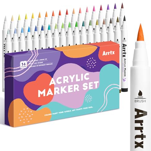 Arrtx Acrylstifte für Steine Wasserfest-36 Farben Stifte Steine Bemalen, Pinsel Spitze Acrylmarker Zum Bemalen Acrylmarker für malerei, Keramik, Glas, Holz, Metall, Leinwand, DIY Fotoalbum
