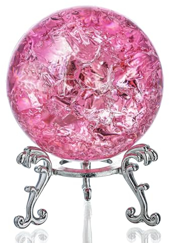 H&D Hyaline&Dora Pink Ice Cracked Ball Briefbeschwerer, 60 mm Kristallkugel mit Ständer Zubehör Steingarten Ornament, Glaskugel für Weihnachtsdekoration