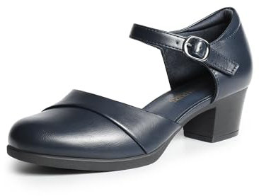 DREAM PAIRS Women's Dress Shoes Mary Janes Comfortable Low Block Heels Pumps Round Closed Toe Chunky Ankle Strap Shoes for Work Flight,Size 7,Navy,SDPU2412W