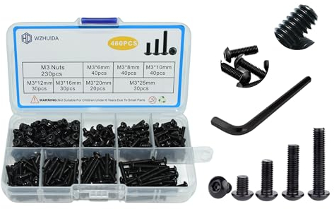 WZHUIDA Juego de 460 tornillos y tuercas M3, negro de cabeza semicircular con hexágono interior, tornillos hexagonales, acero al carbono, galvanizado negro