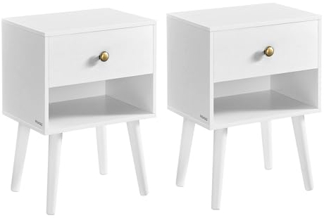 VASAGLE Nachttisch, 2er Set, Beistelltisch mit Schublade und offener Ablage, Holzbeine, Couchtisch für Wohnzimmer, Schlafzimmer, Sofa, schneeweiß LET855W01