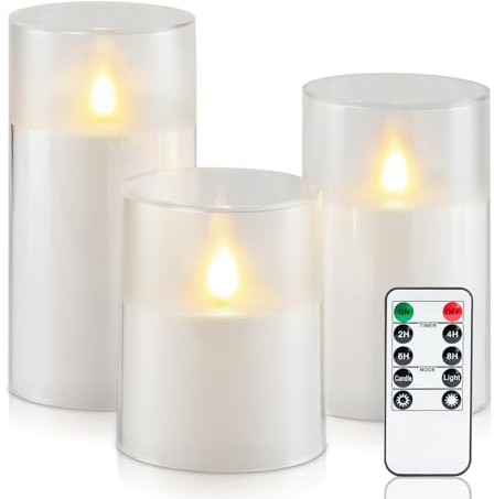 Homemory Wasserdicht Outdoor Flackernde Flammenlose Kerzen mit Realistischer Tanzender Flamme, LED-Kerzen, Batteriebetriebene Kerzen mit Fernbedienung und Zeitschaltuhr, Weiß Acryl, 3er-Set