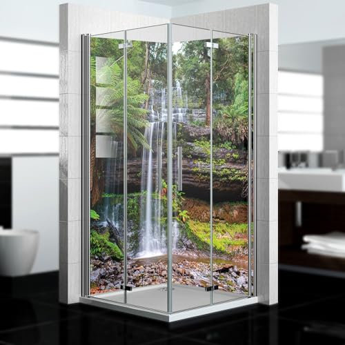 dedeco Eck-Duschrückwand wasserfest Motiv: Wasserfall V21, UV-Lack matt, 2 x 100x200 cm, als Badrückwand zum Fliesenersatz, Dekorwand, Wandverkleidung und Duschplatte aus Aluminium - Made in Germany