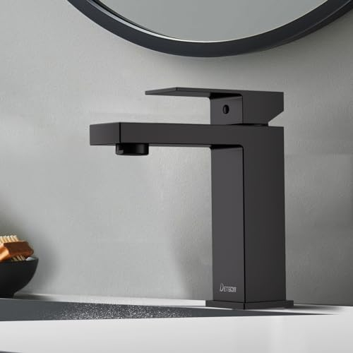 DETBOM Rubinetto Bagno Lavabo Nero, Rubinetto Lavandino Bagno Miscelatore Monocomando Fredda e Calda Regolabile con Aeratore Rimovibile, Rubinetteria Acciaio Inox, Altezza bocca 119 mm