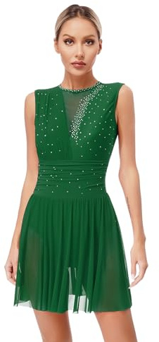 IEFIEL Damen Glitzer Eiskunstlauf Kleid Rückenfrei Tanzkleid Tanzanzug Ärmellose Trikotanzug Gymnastikanzug Tanzbody