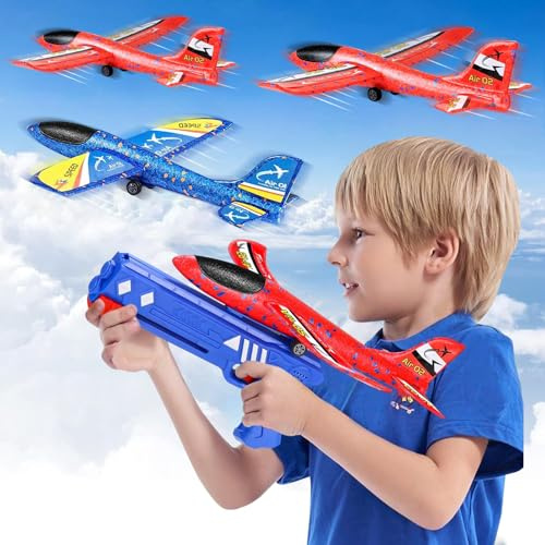 PQETBV Avion Polystyrene avec Pistolet Catapulte, 4 Pack Avion Volant Mousse, Planeur en Mousse, Jeux Exterieur Intérieur Jardin Interactif Cadeau Noël Anniversaire Garçon Fille 3-12 Ans