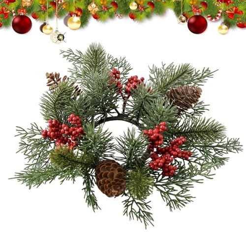 Weihnachtskranz Kerzenring, 25cm Künstliche Kerzengirlande Kerzenkranz künstliche Kerzenringe mit Roten Beeren, Kiefernnadeln Kerzenring für Weihnachten Tisch Dekoration