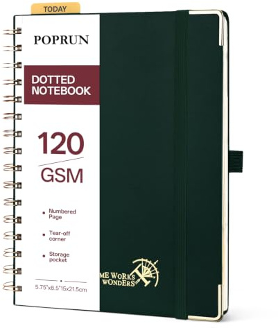POPRUN Cuaderno Punteado, Cuaderno A5 Espiral Bonitos, Verde Oscuro
